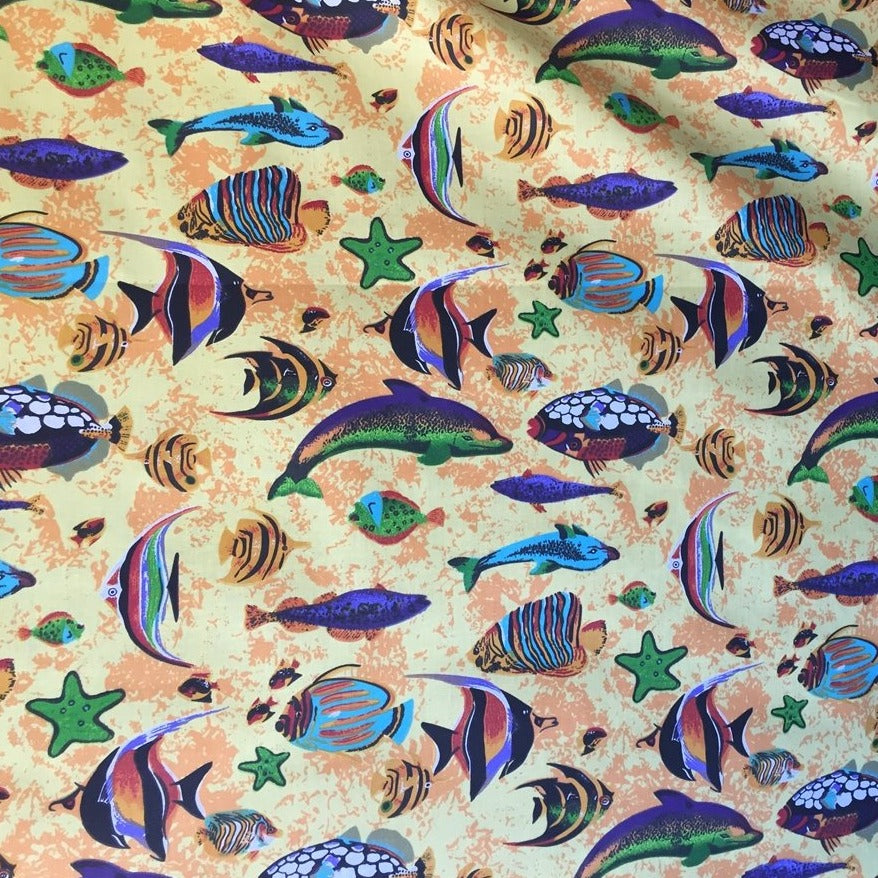 Yellow Aquarium Fish Tank Print Poly Cotton Fabric - Fashion Fabrics Los Angeles