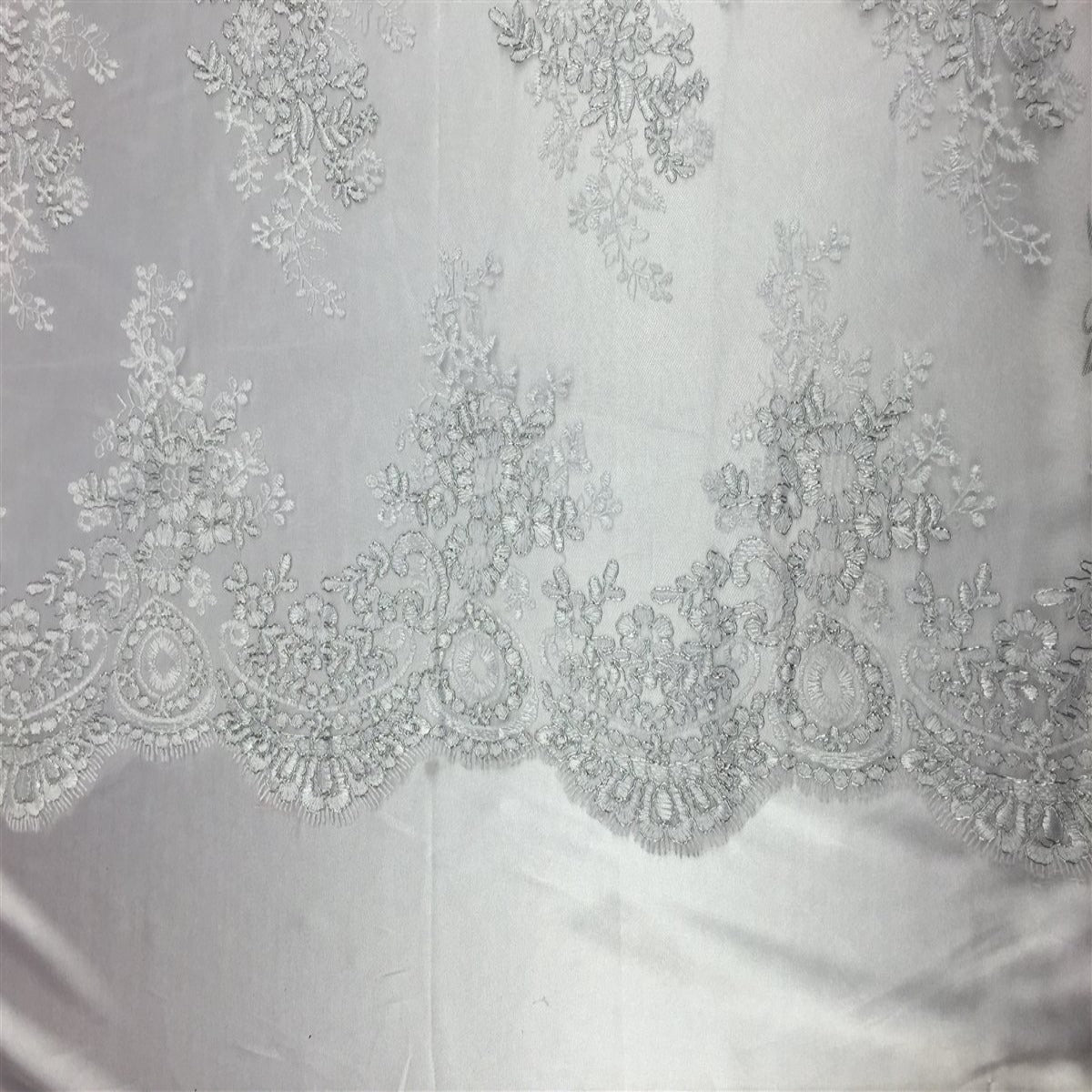 White Silver Oswald Embroidered Lace Fabric - Fashion Fabrics LLC