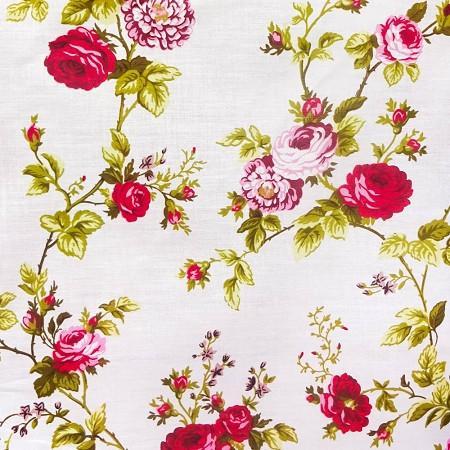 White Red Rose Floral Print Poly Cotton Fabric - Fashion Fabrics Los Angeles