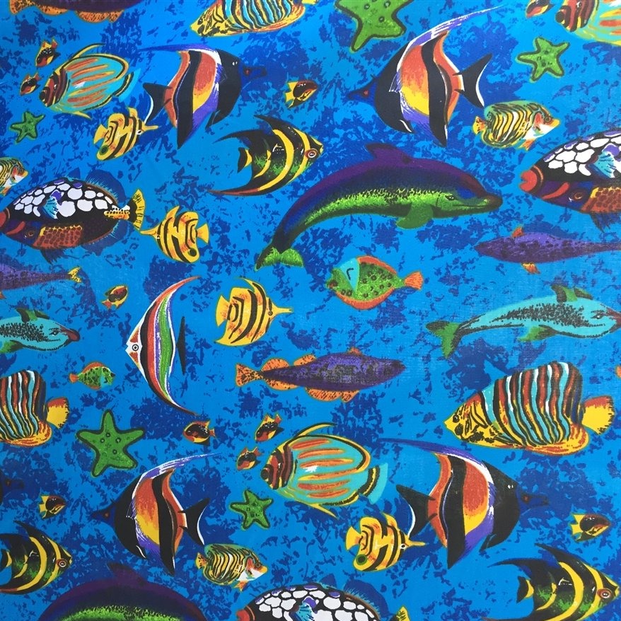 Blue Aquarium Fish Tank Print Poly Cotton Fabric