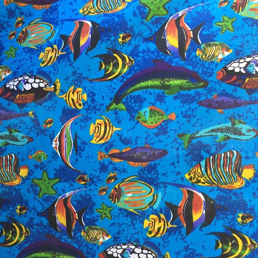Blue Aquarium Fish Tank Print Poly Cotton Fabric - Fashion Fabrics Los Angeles