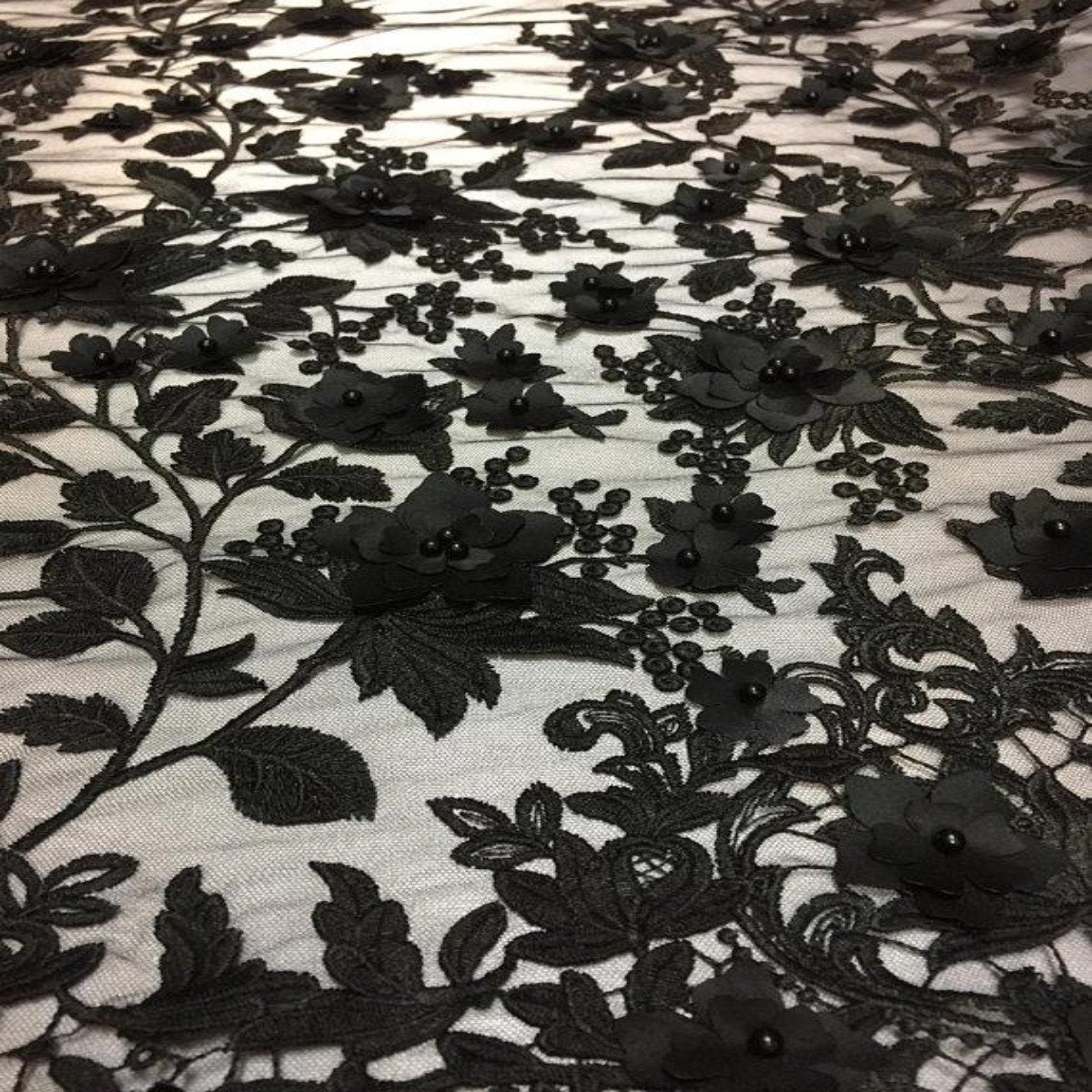 Black 3D Embroidered Satin Floral Pearl Lace Fabric - Fashion Fabrics LLC