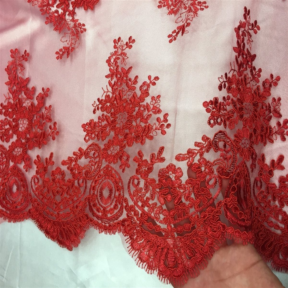 Red Oswald Embroidered Lace Fabric - Fashion Fabrics LLC