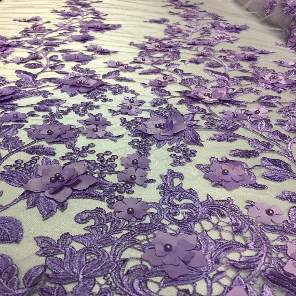 Lavender 3D Embroidered Satin Floral Pearl Lace Fabric - Fashion Fabrics LLC
