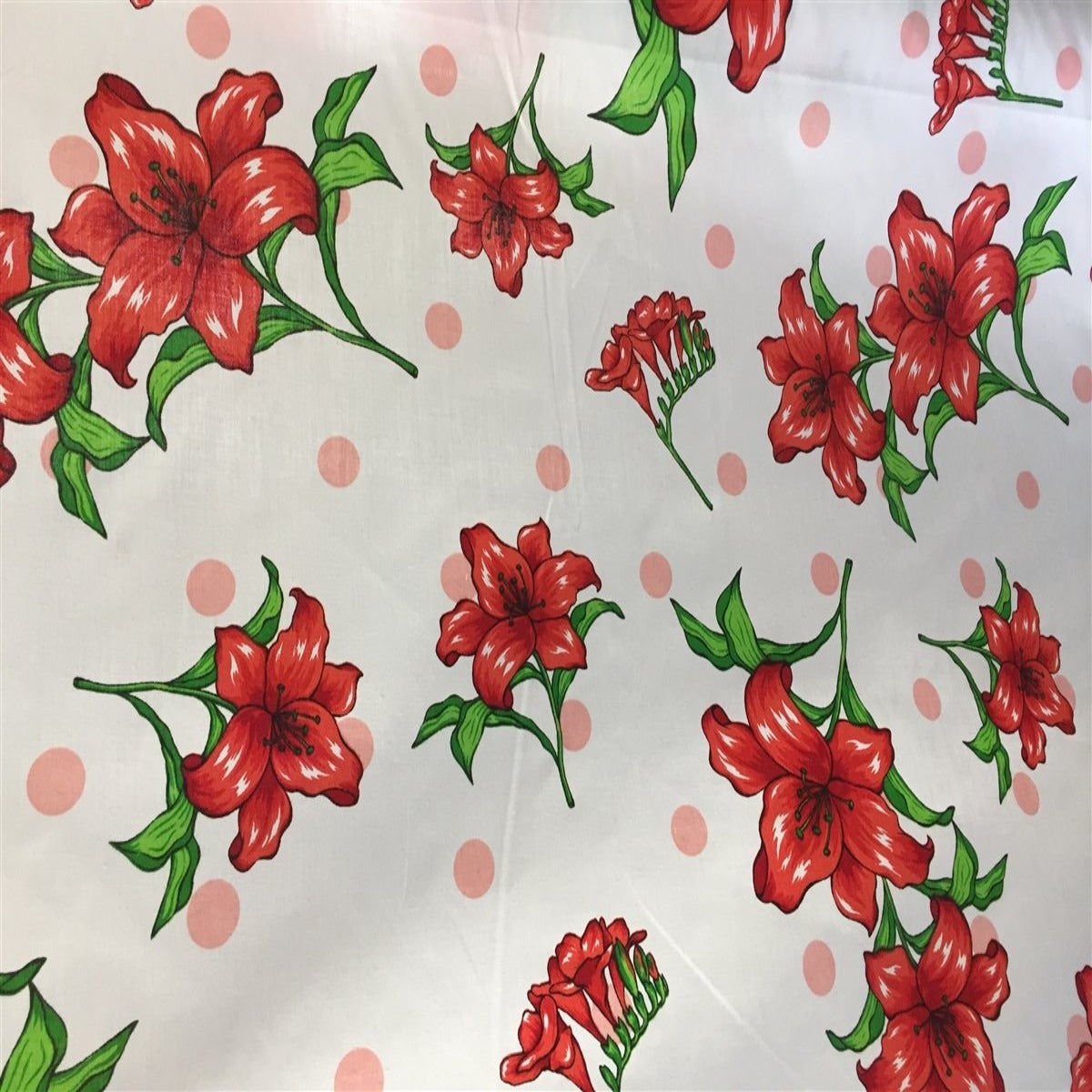 White Lily Flowers Poly Cotton Fabric - Fashion Fabrics Los Angeles