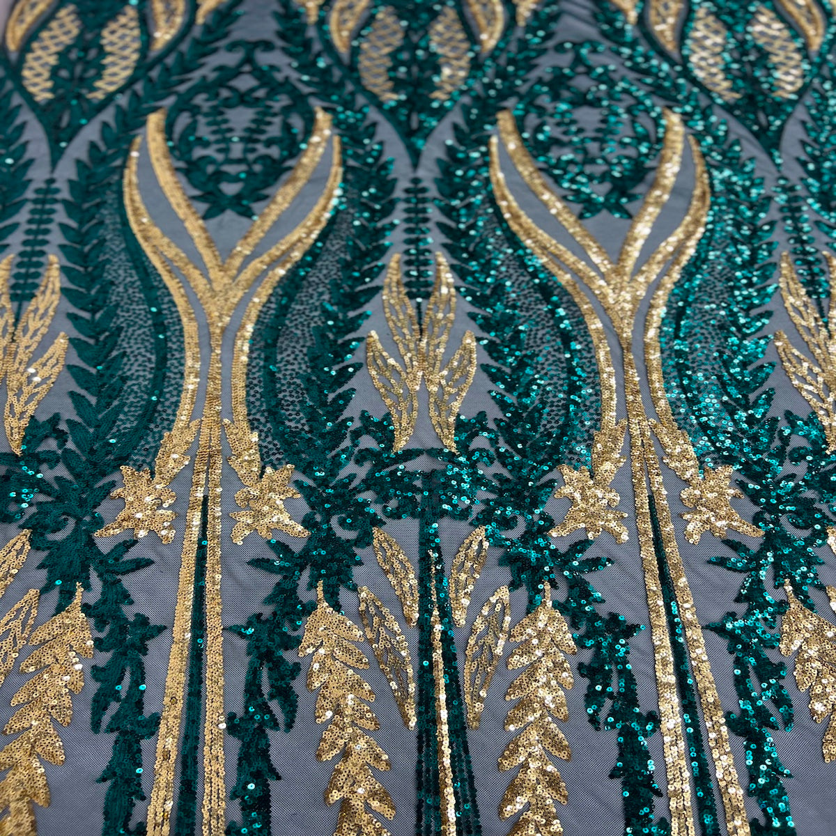 Hunter Green | Gold Alina Damask Sequins Lace Fabric