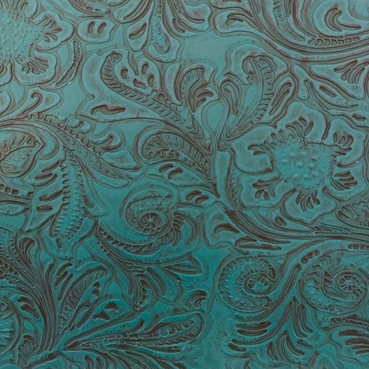 Turquoise Blue Western Floral PU Faux Leather Vinyl Fabric