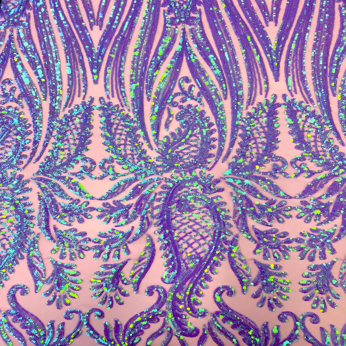 Tela de encaje de lentejuelas elásticas Nebill iridiscente lavanda