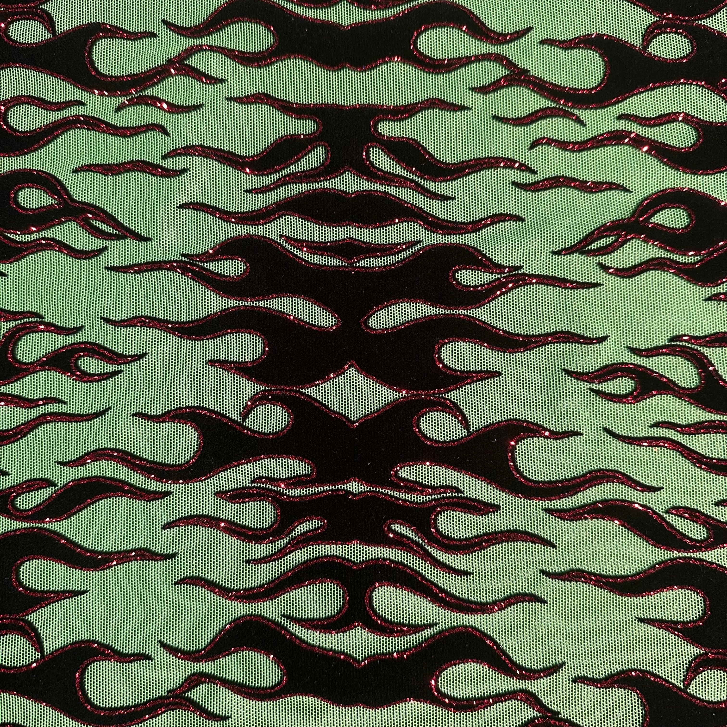 Flame Flock Glitter Stretch Power Mesh Fabric| Spandex Palace