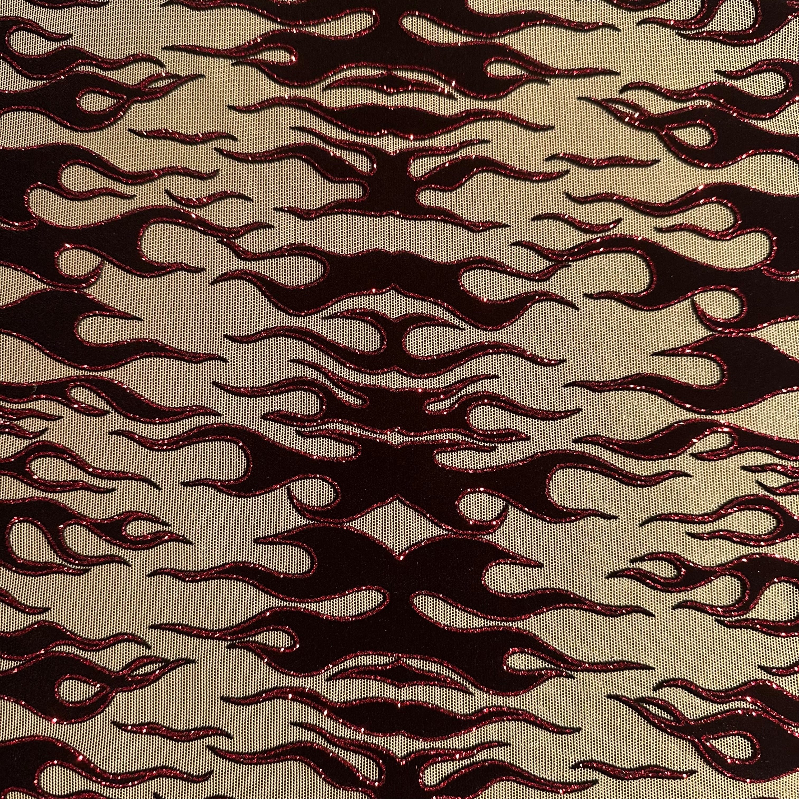Flame Flock Glitter Stretch Power Mesh Fabric| Spandex Palace