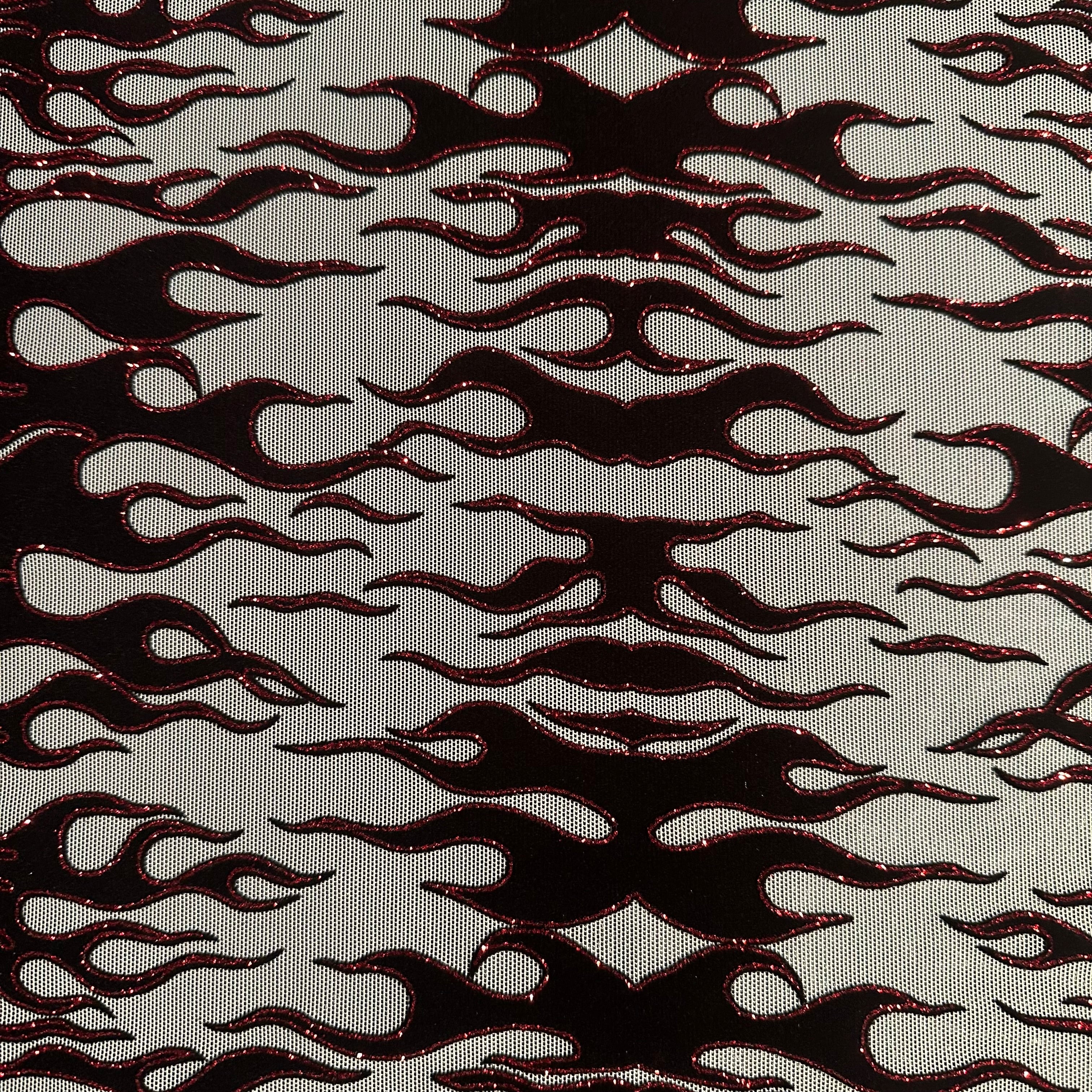 Flame Flock Glitter Stretch Power Mesh Fabric| Spandex Palace
