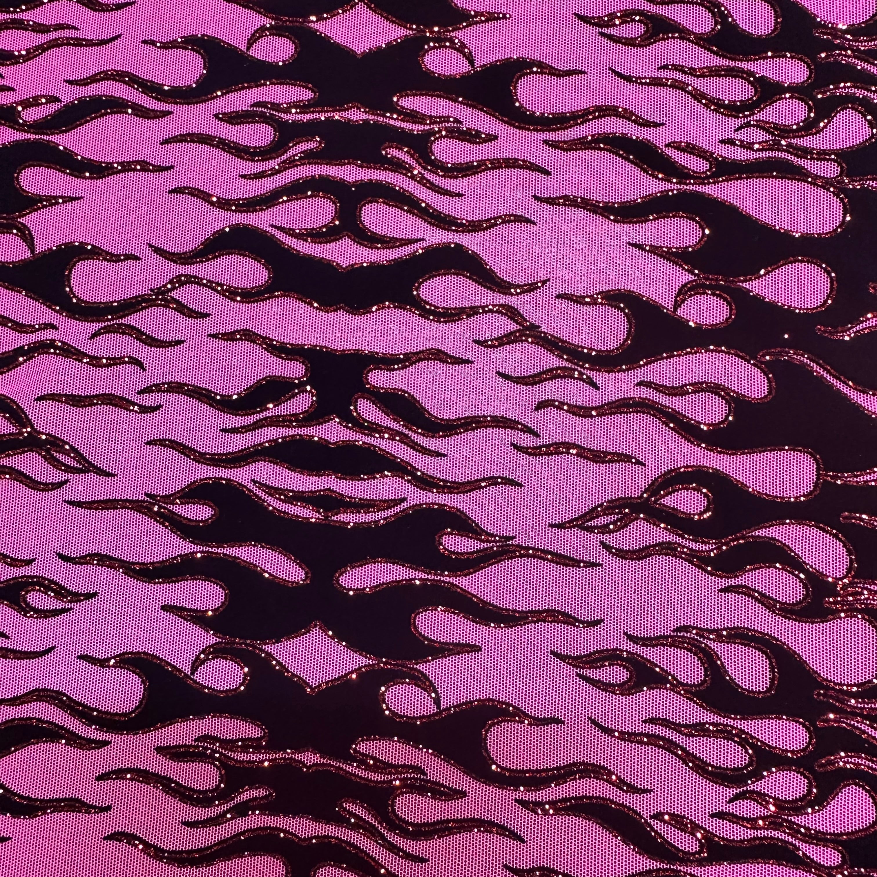 Flame Flock Glitter Stretch Power Mesh Fabric| Spandex Palace