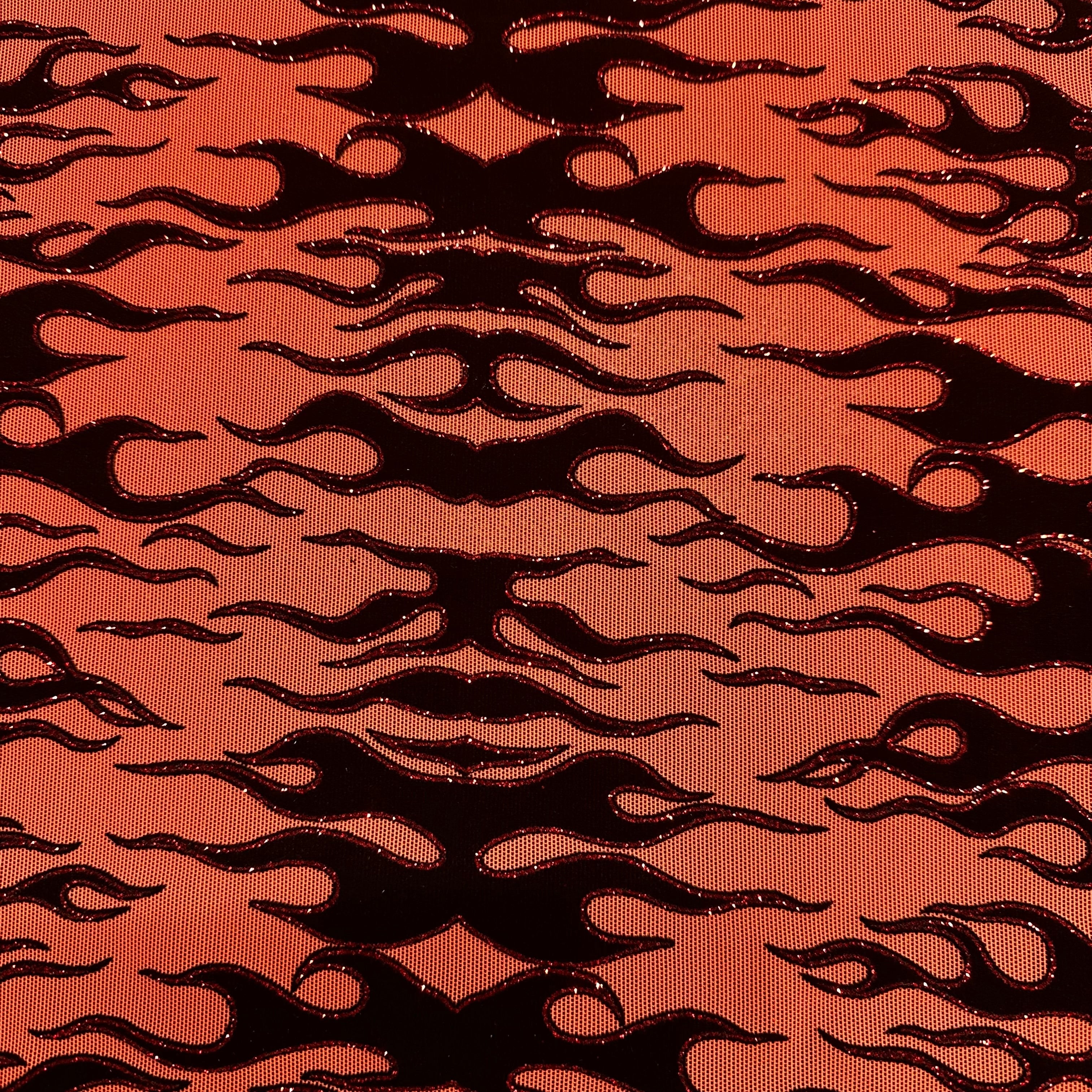 Flame Flock Glitter Stretch Power Mesh Fabric| Spandex Palace