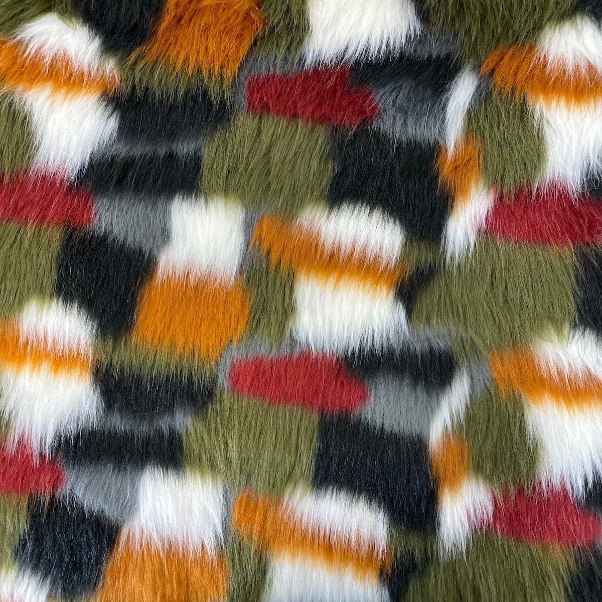 Olive Green Multicolor Patchwork Faux Fur Fabric