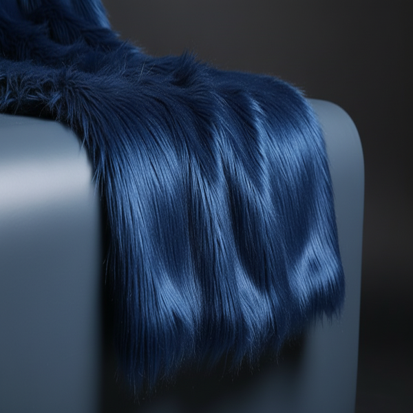 Blue faux fur fabric side drape angle