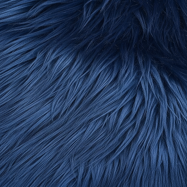 Blue faux fur fabric flat lay top-down view
