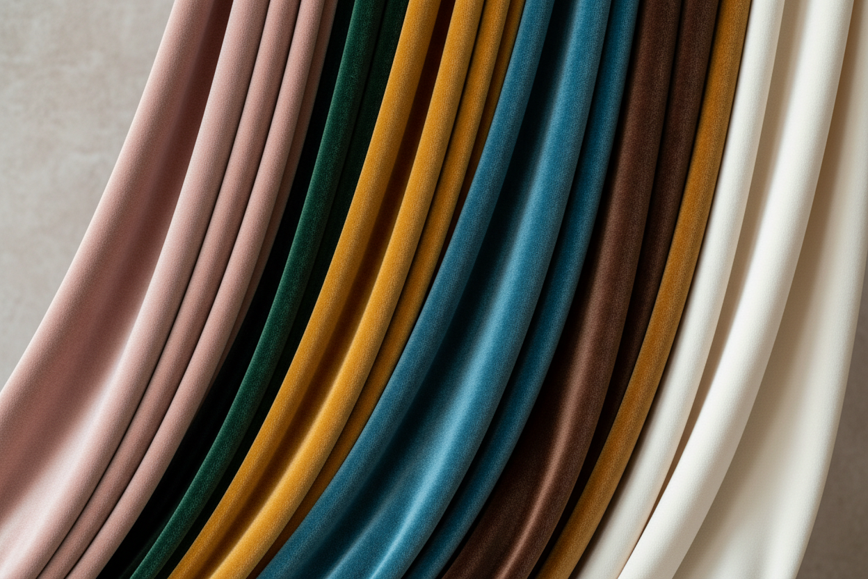 Make an image of velvet fabrics draping in various colors