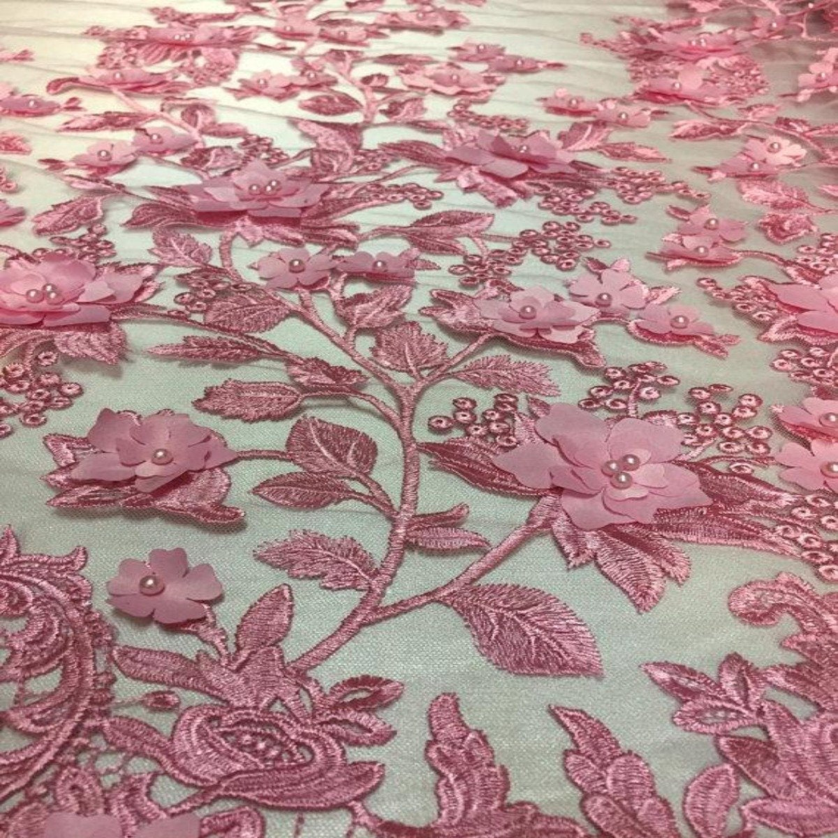 Pink 3D Embroidered Satin Floral Pearl Lace Fabric - Fashion Fabrics LLC