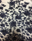 Navy Blue 3D Embroidered Satin Floral Pearl Lace Fabric - Fashion Fabrics LLC