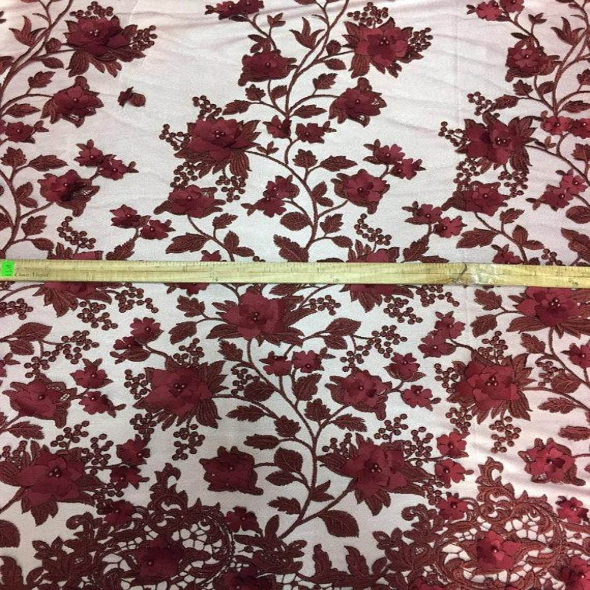 White 3D Embroidered Satin Floral Pearl Lace Fabric - Fashion Fabrics LLC