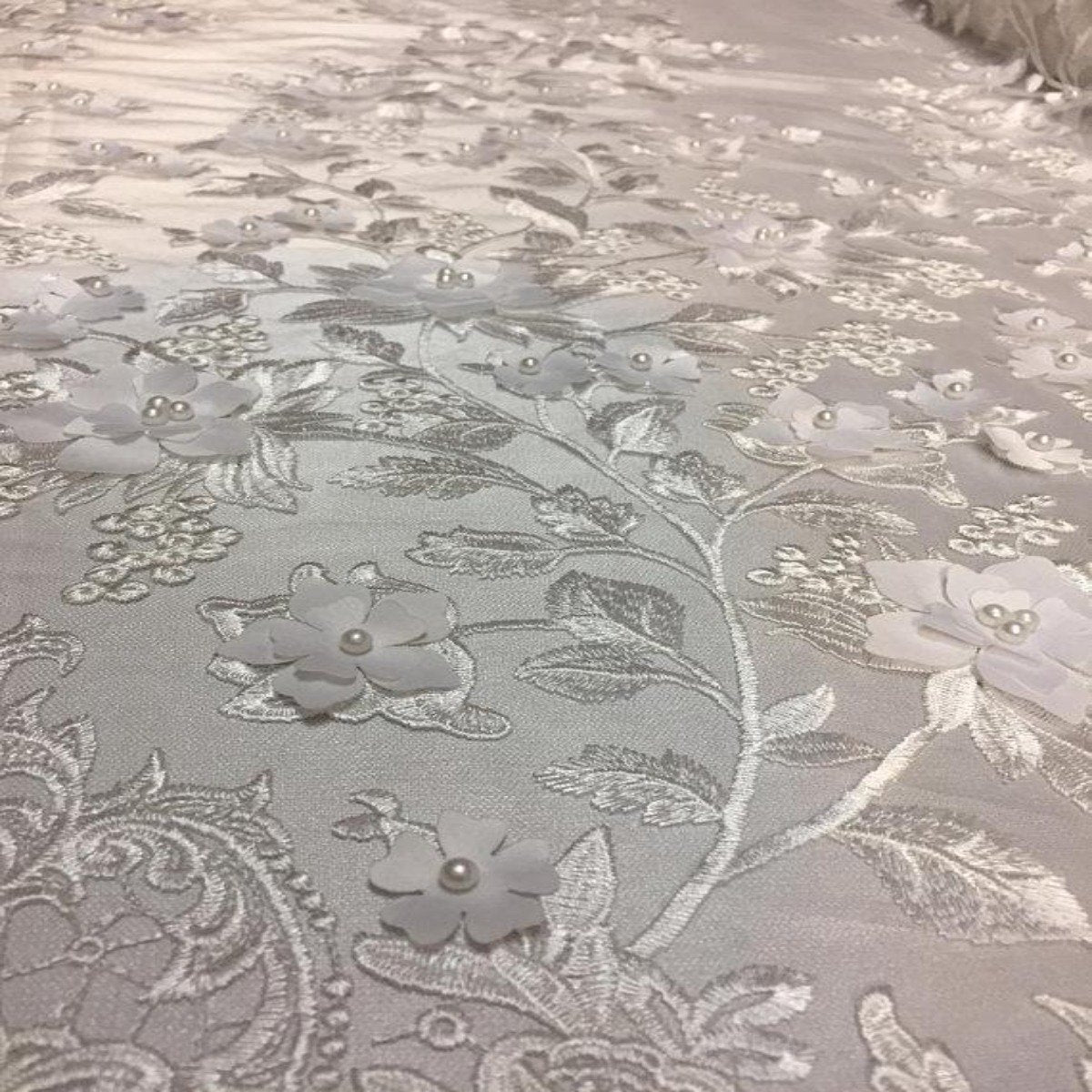 White 3D Embroidered Satin Floral Pearl Lace Fabric - Fashion Fabrics LLC