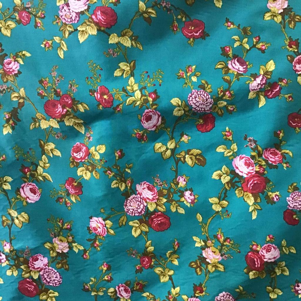 Teal Rose Floral Print Poly Cotton Fabric - Fashion Fabrics Los Angeles 