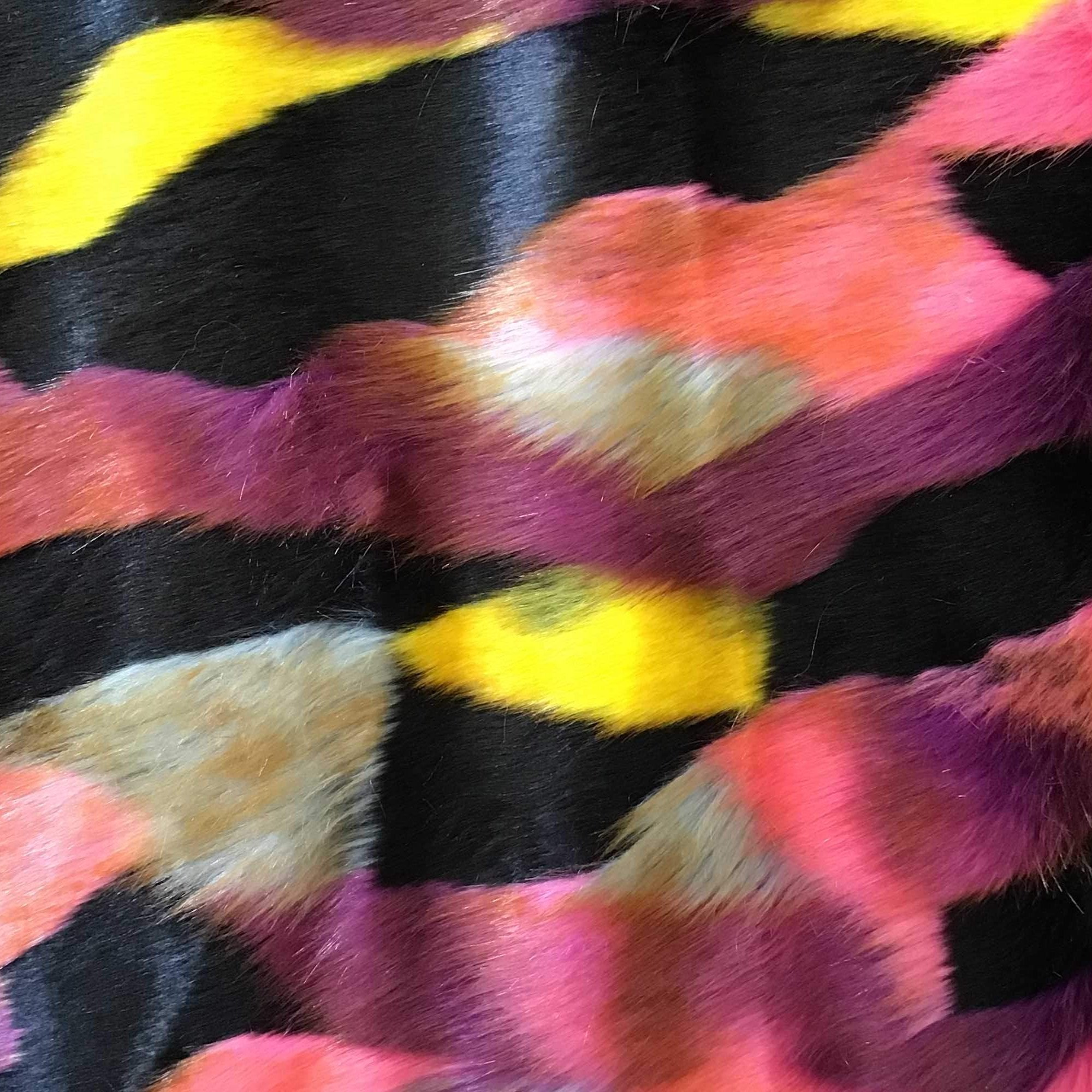 Black Pink Beige Yellow Puzzled Multicolor Faux Fur Fabric - Fashion Fabrics Los Angeles 