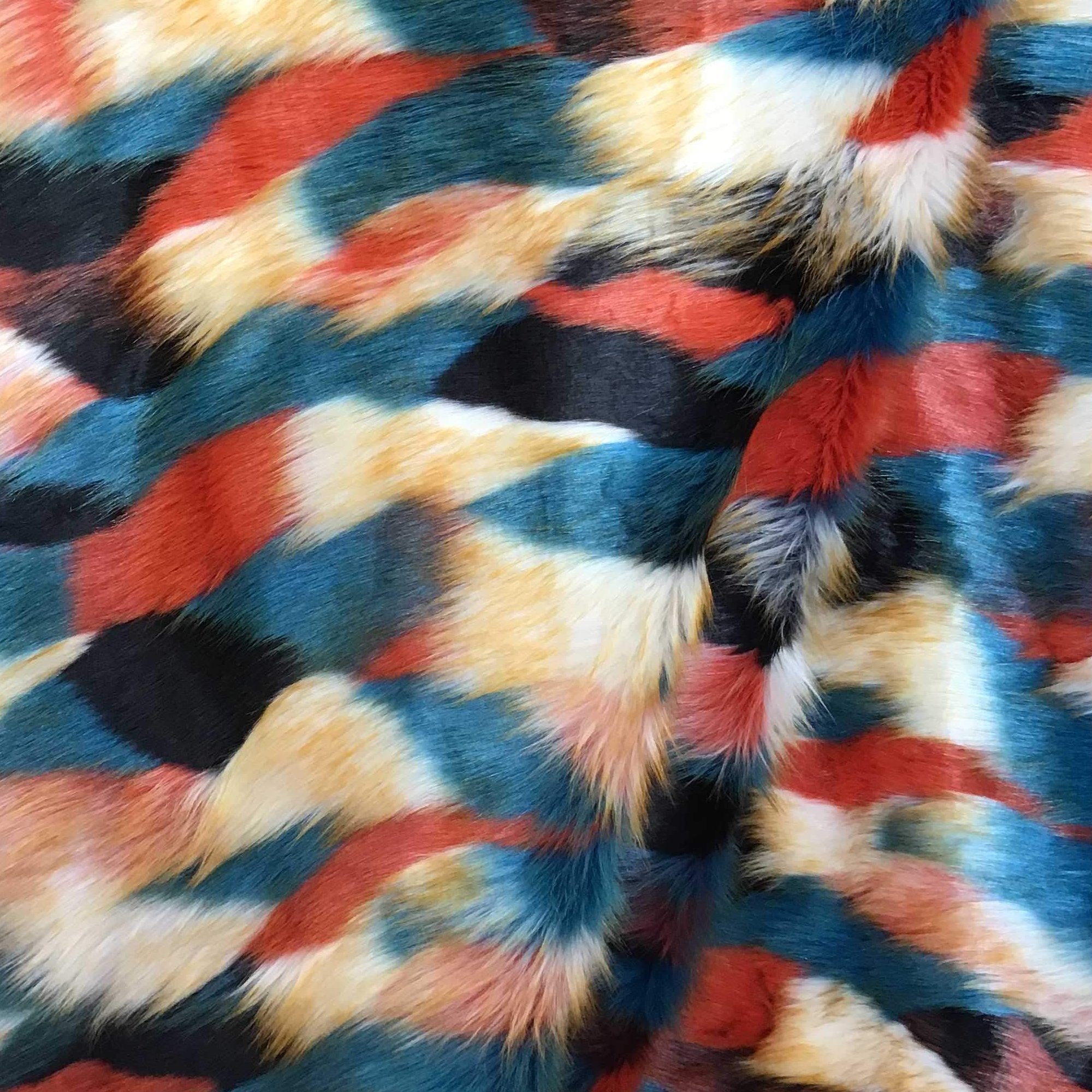 Red Beige Teal Black Puzzled Multicolor Faux Fur Fabric - Fashion Fabrics Los Angeles 