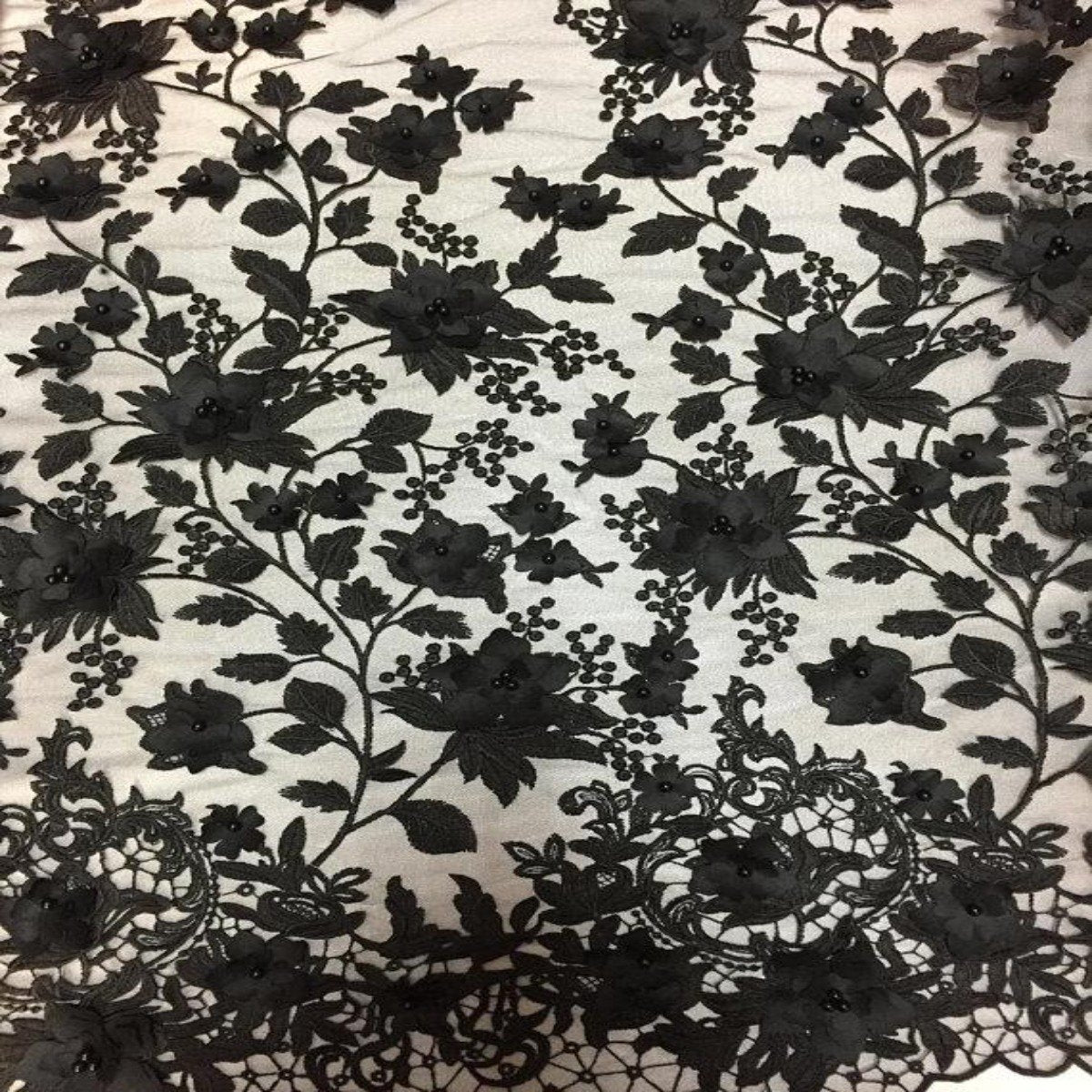 Black 3D Embroidered Satin Floral Pearl Lace Fabric - Fashion Fabrics LLC