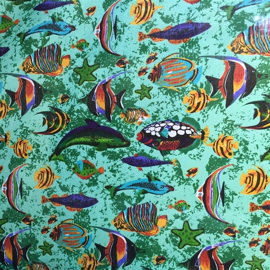 Green Aquarium Fish Tank Print Poly Cotton Fabric - Fashion Fabrics Los Angeles 