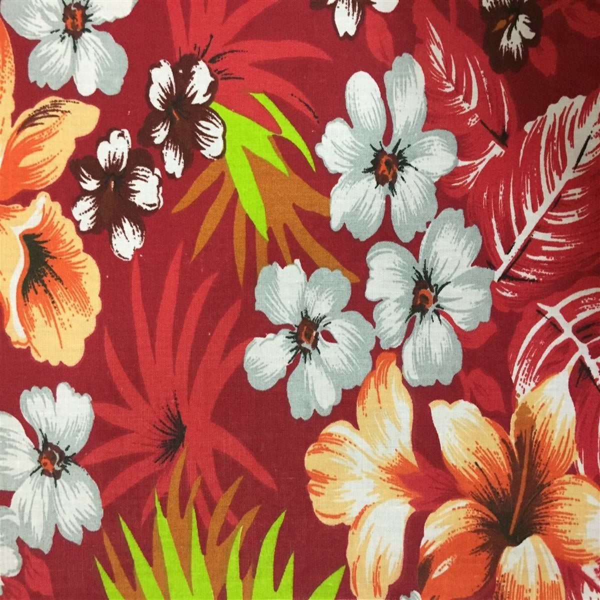 Red Hawaiian Print Poly Cotton Fabric - Fashion Fabrics Los Angeles 