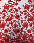 Red 3D Embroidered Satin Floral Pearl Lace Fabric - Fashion Fabrics LLC