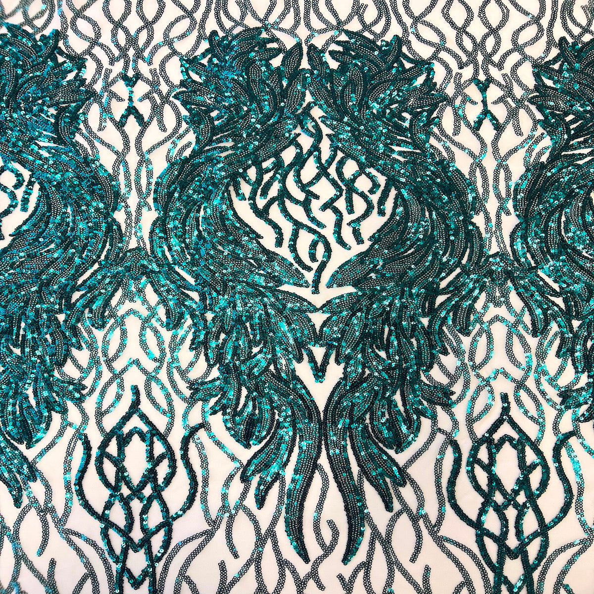 Teal Green Lioness Stretch Sequins Lace Fabric