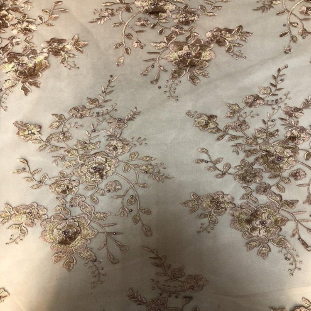 Dusty Rose | Brown Rouley 3D Pearl Floral Embroidered Lace Fabric - Fashion Fabrics LLC