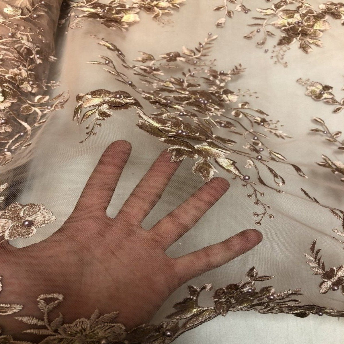 Dusty Rose | Brown Rouley 3D Pearl Floral Embroidered Lace Fabric - Fashion Fabrics LLC