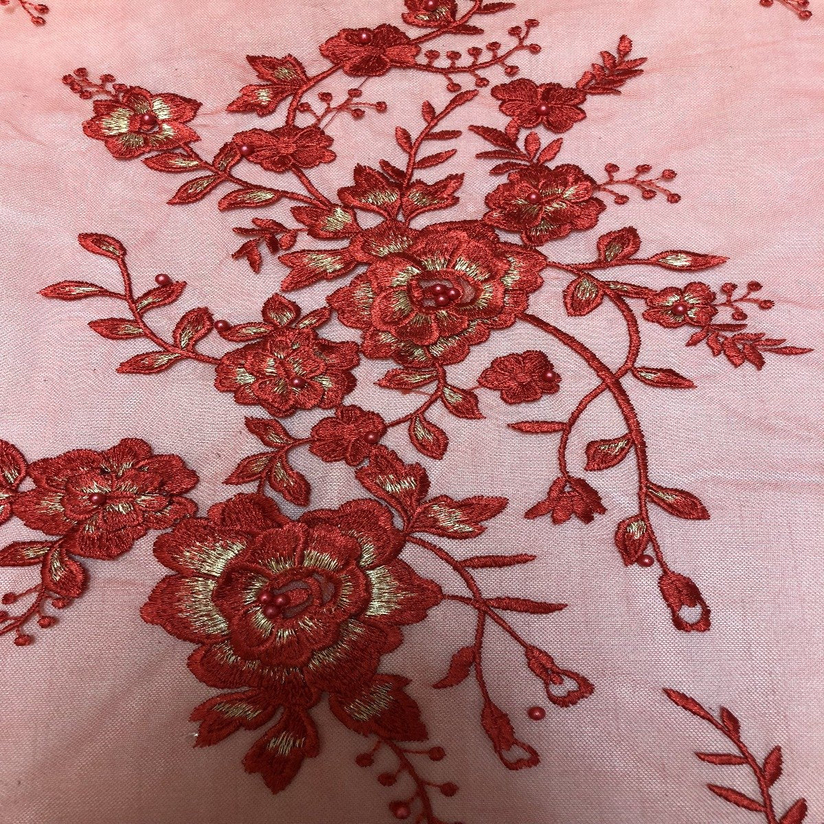 Red | Gold Rouley 3D Pearl Floral Embroidered Lace Fabric - Fashion Fabrics LLC