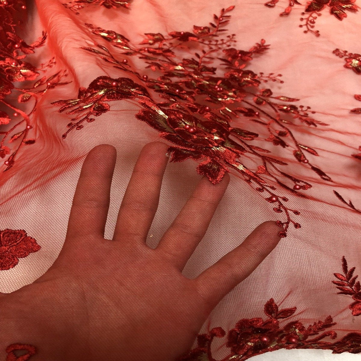 Red | Gold Rouley 3D Pearl Floral Embroidered Lace Fabric - Fashion Fabrics LLC