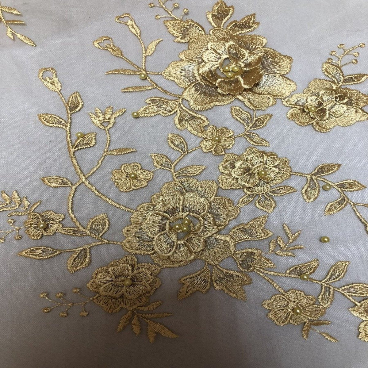 Gold Rouley 3D Pearl Floral Embroidered Lace Fabric - Fashion Fabrics LLC