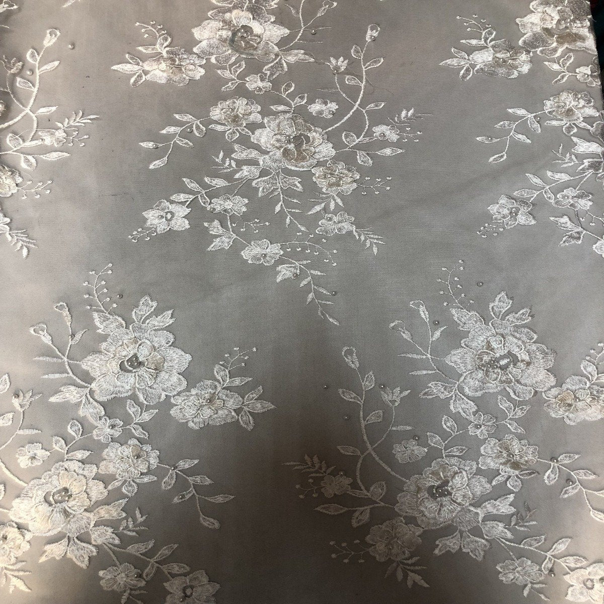 White Rouley 3D Pearl Floral Embroidered Lace Fabric - Fashion Fabrics LLC