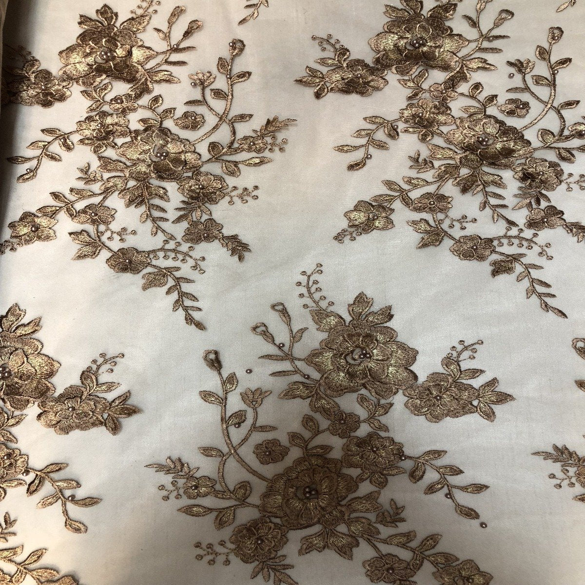 Bronze | Gold Rouley 3D Pearl Floral Embroidered Lace Fabric - Fashion Fabrics LLC