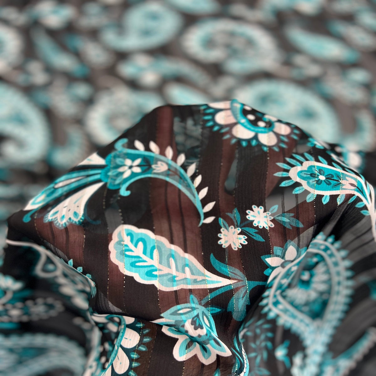 Aqua Blue Paisley Print Metallic Stripe Chiffon Fabric