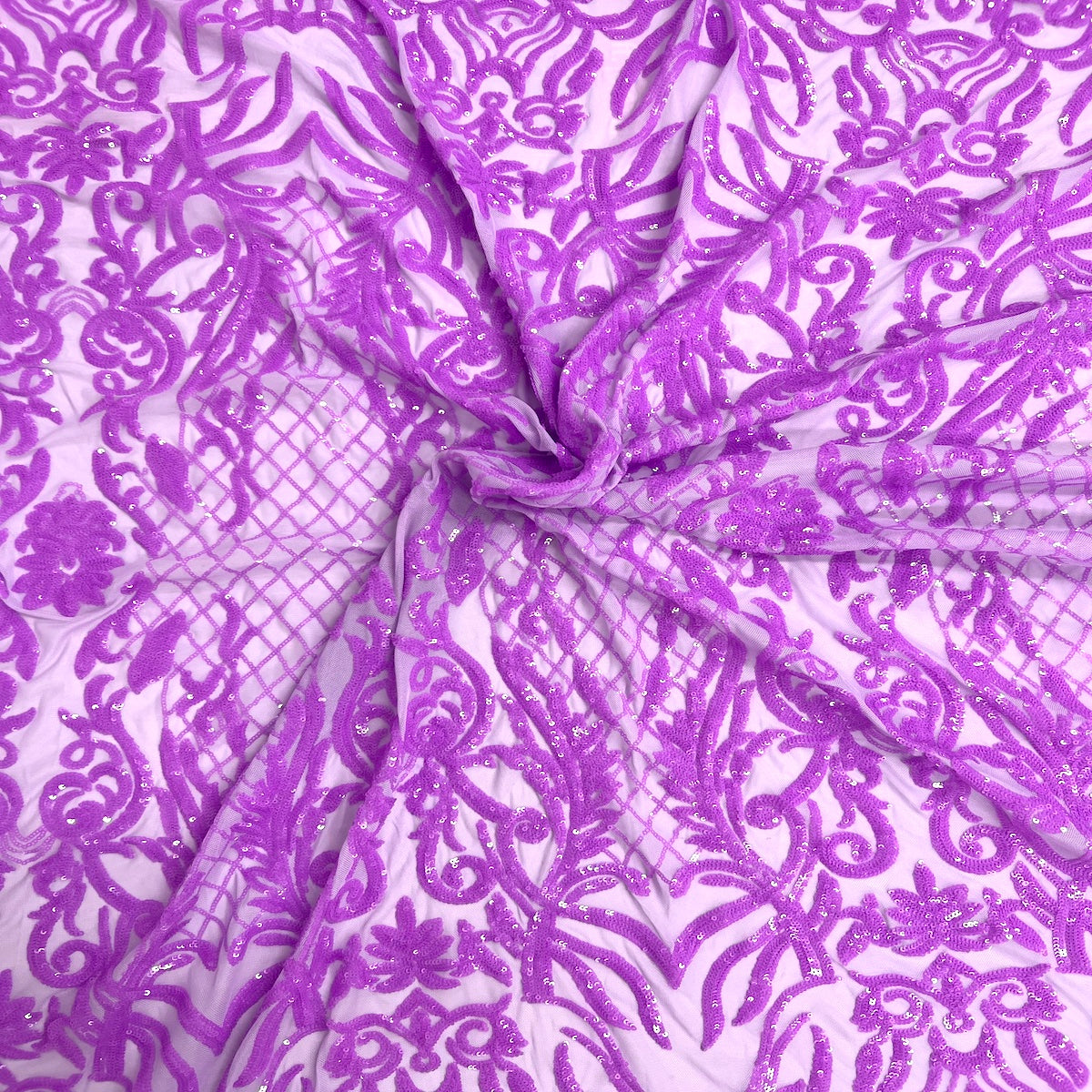 Tela de encaje de lentejuelas elásticas Luna púrpura lavanda