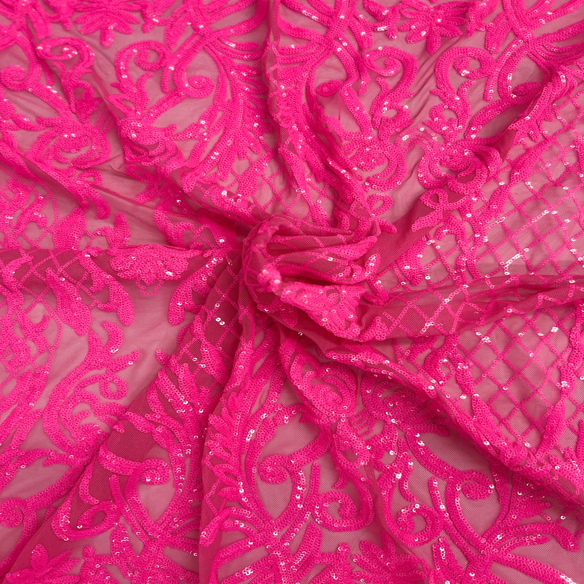 Neon Pink Luna Stretch Sequins Lace Fabric