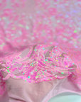 Tela de encaje de lentejuelas elásticas Luna iridiscente rosa bebé