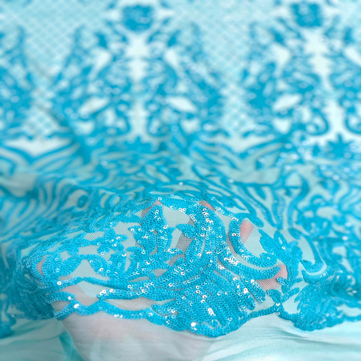Aqua Blue Iridescent Luna Stretch Sequins Lace Fabric