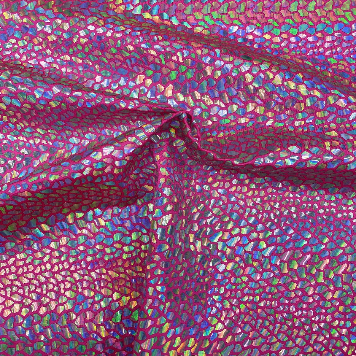 Neon Pink Tie Dye Hologram Scale Snake Skin Nylon Spandex Fabric - Fashion Fabrics Los Angeles 