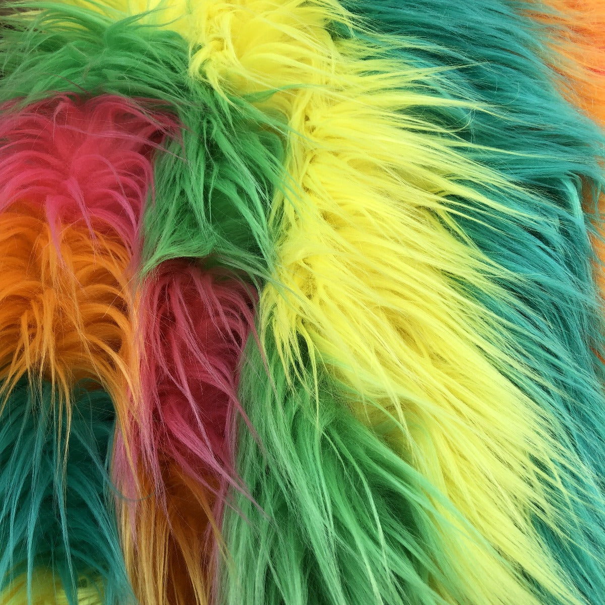 Bright Rainbow Multicolor Curly Long Pile Faux Fur Fabric - Fashion Fabrics Los Angeles 