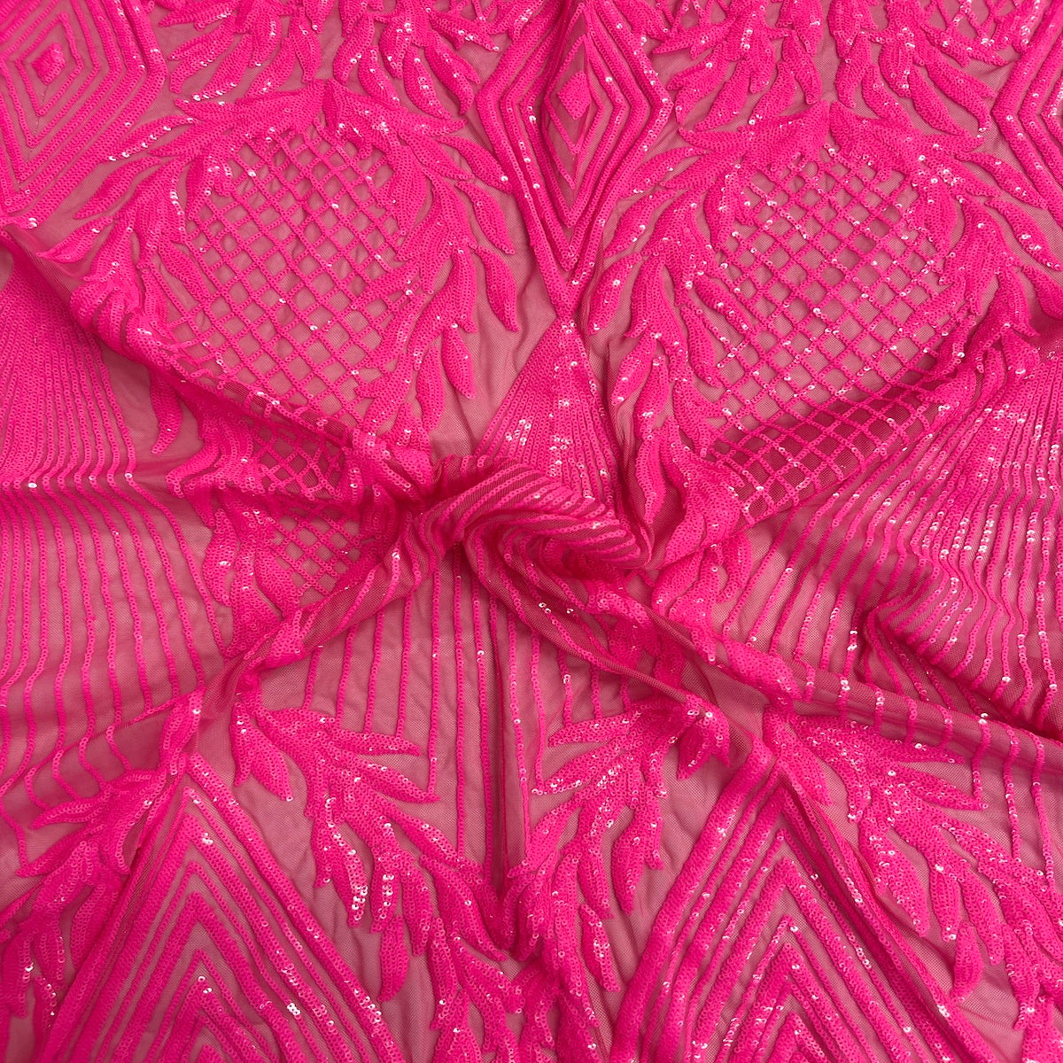 Neon Pink Alpica Sequins Lace Fabric