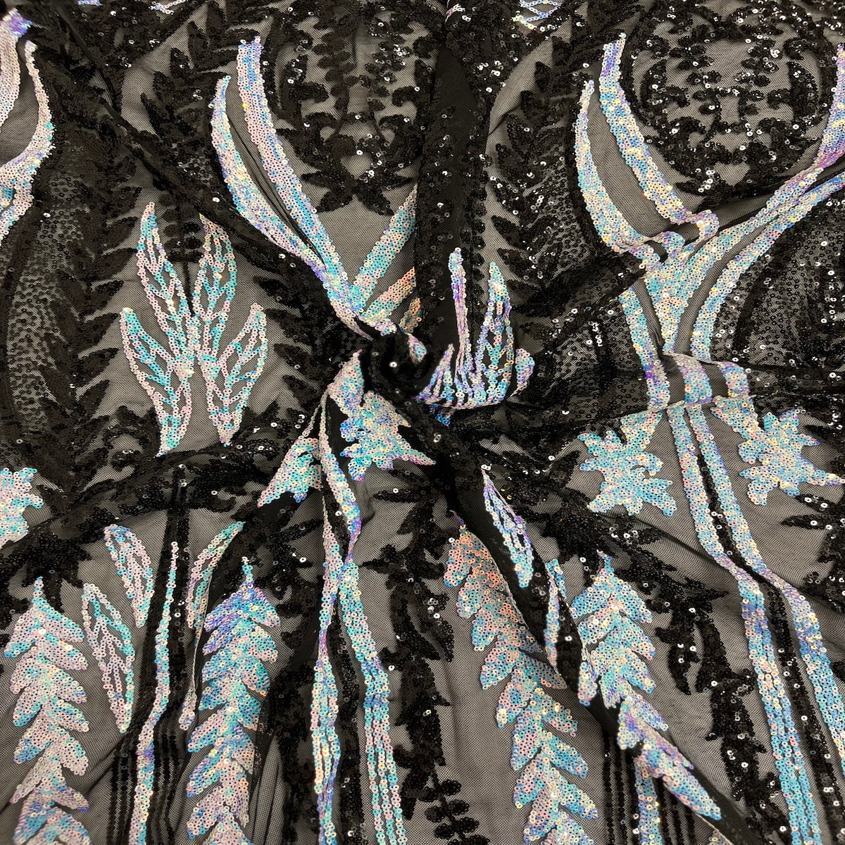 Pearl Blue Iridescent | Black Alina Damask Sequins Lace Fabric
