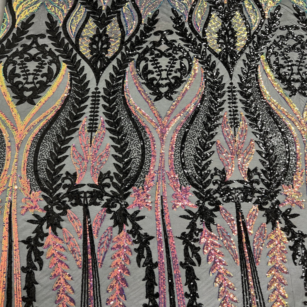 Arcoiris iridiscente | Tela de encaje de lentejuelas damasco Alina negra